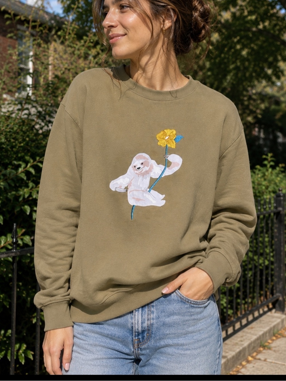 Bonobos Crewneck Sweatshirt with Sloth Holding Embroidered Flower